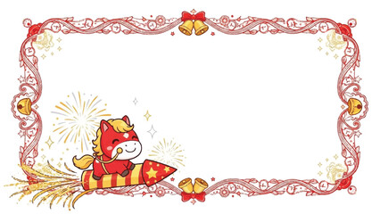 Cute zodiac horse riding a firecracker rocket on a festive frame.