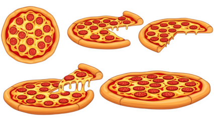 Collection of delicious cartoon pepperoni pizzas shown whole, partially eaten, and with a cheesy slice being pulled away creating an appetizing food illustration set