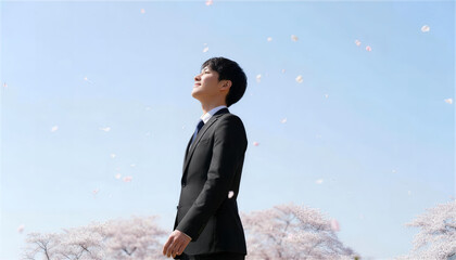 桜吹雪の中で目を閉じ春の風を感じる男性ビジネスマン