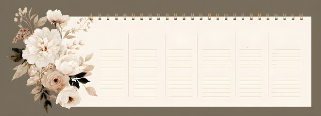 A beautiful floral-themed planner page with a soft color palette, featuring space for notes and a spiral binding.