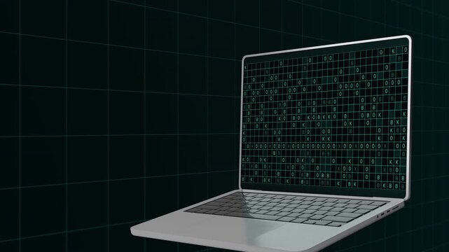 Perspective view of a laptop screen featuring glowing teal geometric data blocks and futuristic information streams.