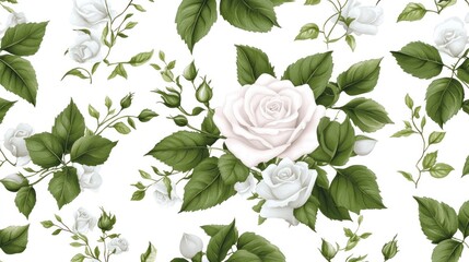 Elegant white and pink roses with lush green leaves on a soft white background for seamless pattern design