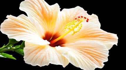 Beautiful close-up of a delicate hibiscus flower with soft cream petals and vibrant red and yellow stamen