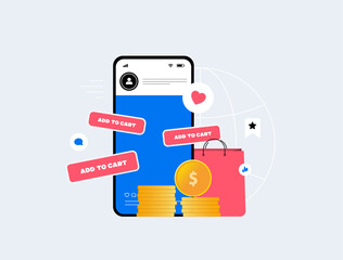 Social commerce mobile shopping interface with add to cart buttons and payment elements. Social commerce for online purchases and ecommerce conversion growth in social media apps vector illustration © bestforbest