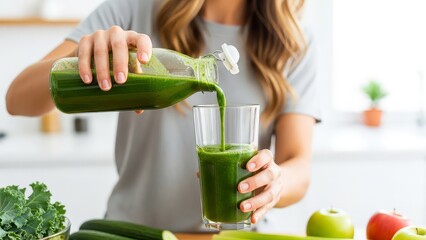 Woman pouring vibrant green smoothie into glass healthy eating concept