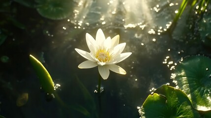 Serene Water Lily Blooming in Tranquil Pond with Soft Sunlight and Glimmering Reflections