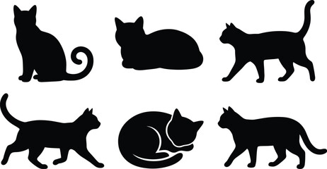Black cat silhouettes set with sitting sleeping and walking poses, cute domestic feline pet collection, isolated flat vector illustration © MstMuktarinaAkter