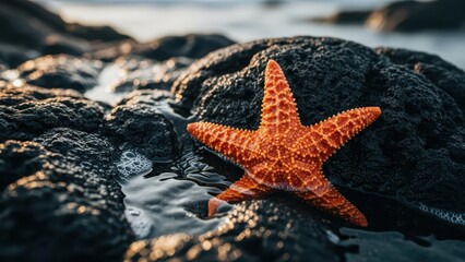 Close up of an orange starfish resting on dark volcanic rocks beside a tidal pool, capturing intricate texture, natural lighting, and a serene coastal marine life scene