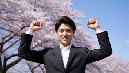 満開の桜を背景に両手でガッツポーズをする笑顔の男性新入社員