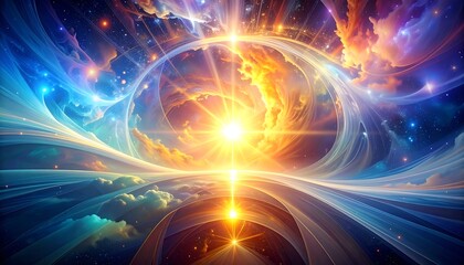 Obraz premium Ethereal sky panorama blends swirling blue hues with radiant orange nebulas, light rays and shining stars