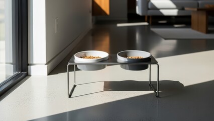 Sunlit living room scene featuring a minimalist metal pet feeding stand with two bowls of kibble beside a large window, clean lines, soft shadows, and calm home atmosphere