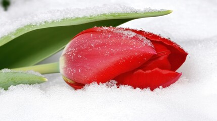 Beautiful Red Tulip Blooming in Snowy Winter Landscape with Delicate Frost and Green Leaves