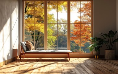 A minimalist room features a wooden bench by a large window an autumnal forest view.