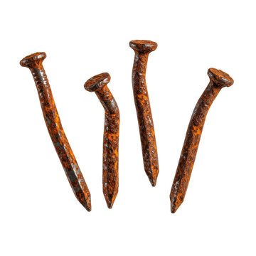 ultra-detailed macro of four floating, severely aged, oxidized wire nails showcasing deep granular reddish-brown rust texture against a transparent background. concept of industrial decay and