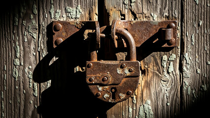 Rusty Padlock on Weathered Wooden Door