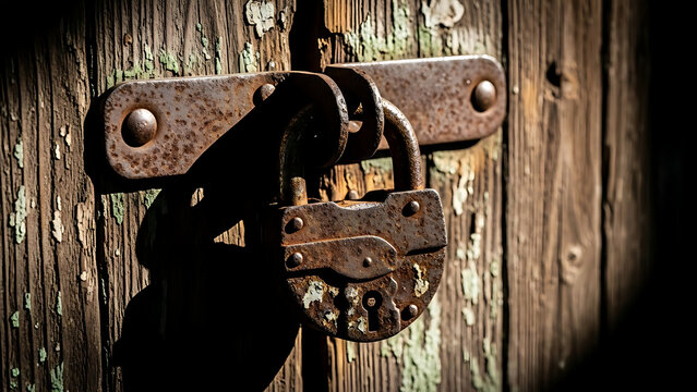 Rusted Padlock on Weathered Wooden Door - Powered by Adobe