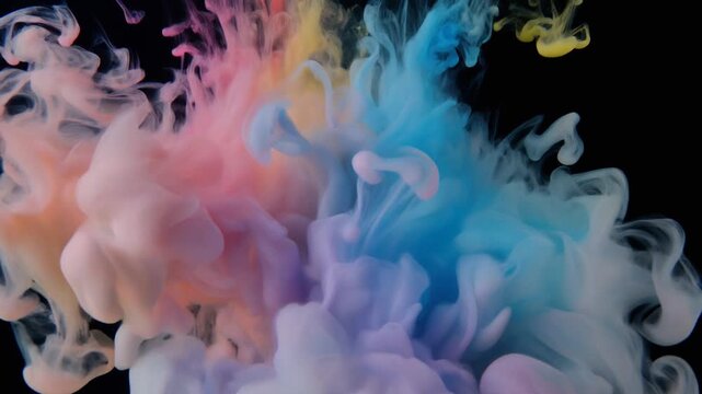 Vibrant plumes of colorful ink swirling and mixing in water against a dark background, creating an abstract and dynamic visual effect.