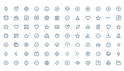 Fototapeta premium A large collection of simple, line-based icons for user interface design, featuring various common symbols.