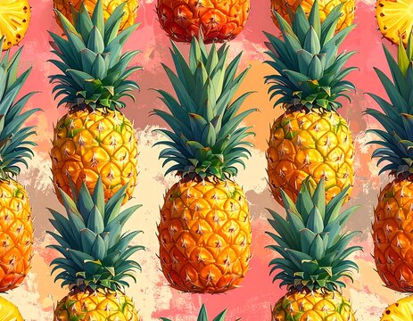 Colorful, repeating pattern of ripe pineapples on a textured background - Powered by Adobe