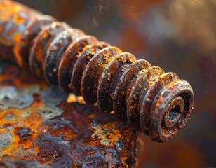 A macro photograph of a small rusted screw, corrosion details clearly visible, dramatic side lighting, gritty texture, shallow depth of field