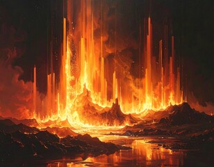 Fiery scene of falling fire streaks lighting up jagged peaks and a reflective pool, painted in warm, intense colors