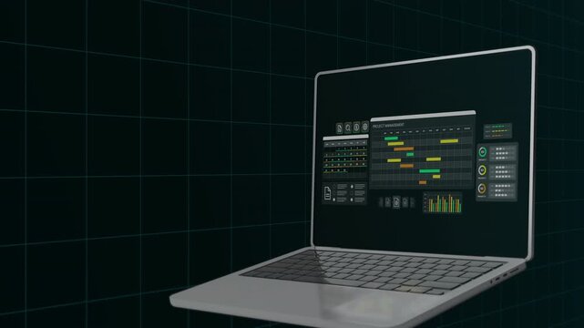 High angle view of a laptop screen showing multiple task bars and project milestones for efficient corporate planning.
