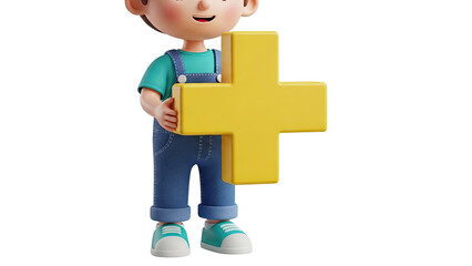3D Cartoon Boy Holding a Large Yellow Plus Sign