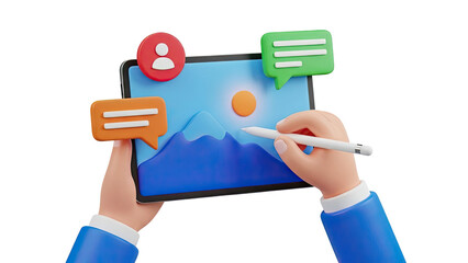 3D Cartoon Hands Using Tablet with Social Media Icons