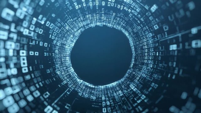 Futuristic data tunnel vortex digital binary code stream glowing code ring abstract cyber technology background loop motion glow
