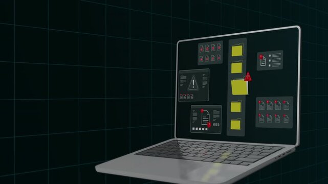 Perspective view of a laptop showing multiple security alert windows and protected document modules for corporate safety.