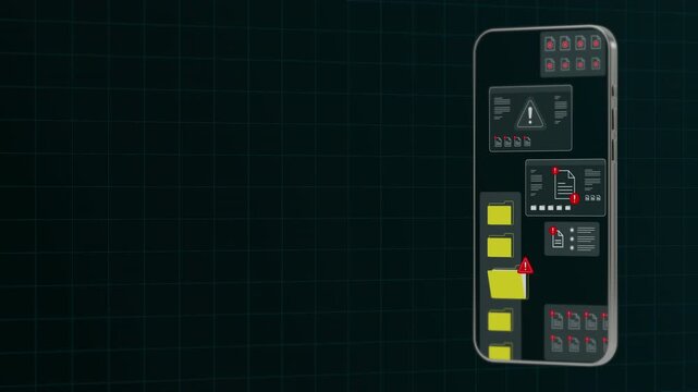 Smartphone interface featuring a vertical layout of a security management app with warning folders and status notifications.