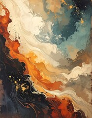 Flowing abstract painting with warm hues of orange, beige, and brown, swirled with cool navy blue and gold accents