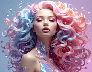 虹色に輝くウェーブヘアの女性と周囲に浮かぶクリスタルや泡が幻想的な雰囲気の超現実的な3Dレンダリング素材