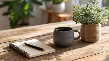 Cozy desk space with a cup of coffee and a potted plant on a wooden table in a bright and airy room with a notebook and pen with workspace and home and office and lifestyle and relaxation with serene