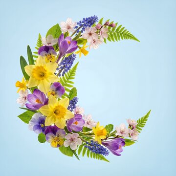 Creative crescent moon shape made from beautiful spring flowers and leaves.