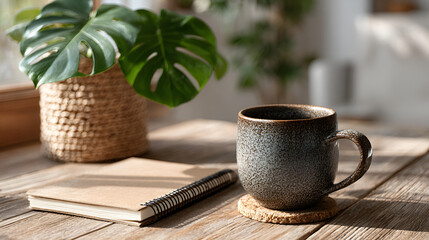 Cozy minimal desk space with tablet mug and plant on wooden table in modern home office with natural light with workspace and notebook and serene and organized and spiral and potted with room and calm