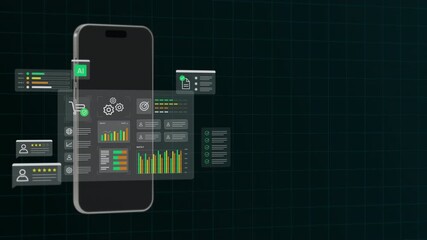 Mobile device interface displaying an e commerce dashboard with shopping cart metrics and business analytics charts. - Powered by Adobe