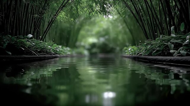 The beautiful artistic conception of bamboo forest reflecting the sparkling water