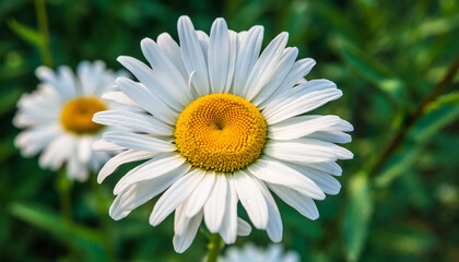 Fototapeta premium Close Up White Daisies Blooming in Green Garden Field.