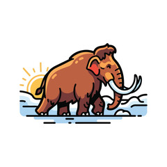 Fototapeta premium A cartoon mammoth wading through icy waters at sunrise