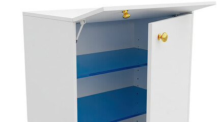 White Cabinet with Blue Shelves and Gold Hardware
