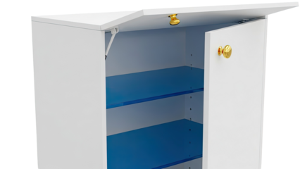 White Cabinet with Blue Shelves and Gold Hardware