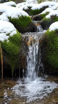 A small cascading waterfall flows over mossy rocks, with snow atop. Serene, natural scene