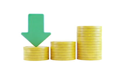 Green arrow pointing down at stacks of gold coins