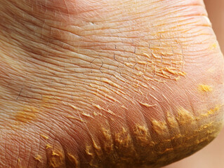 Fototapeta premium Extreme close up of cracked dry skin on human heel with peeling flakes foot