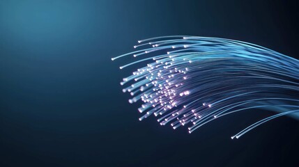 bundle of fiber optic cables, with the tips glowing intensely with multi-colored light, shallow depth of field, bokeh background, capturing the speed of information, professional product shot. 