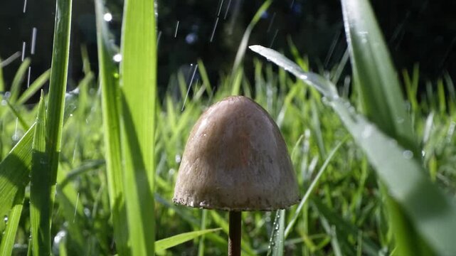 Closeup of mushroom in rain among blurred green grass background. Slow motion
