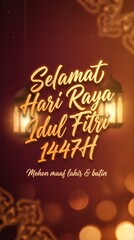 Naklejka premium Selamat Hari Raya Idul Fitri 1447H greeting card with glowing lantern and bokeh background.