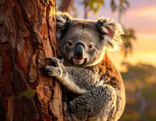 Fototapeta premium Close-up of a koala bear gripping a tree trunk with sunlit background