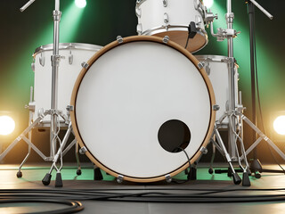 White Drum Kit on Stage with Green and Yellow Spotlights